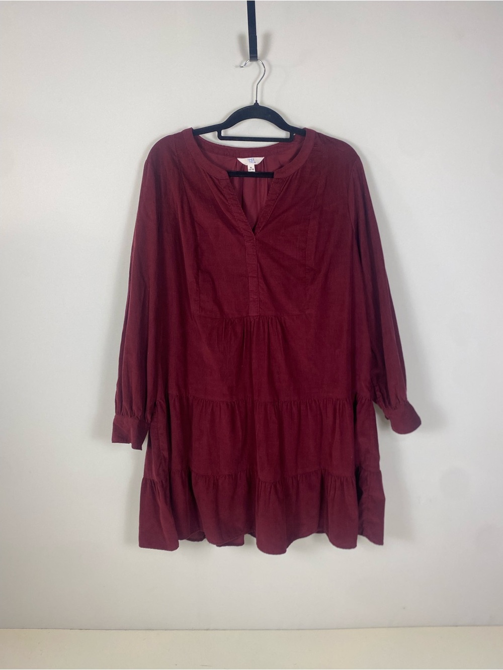 Try & Time Tiered Burgundy Long-Sleeve Corduroy Tunic Dress Size XL